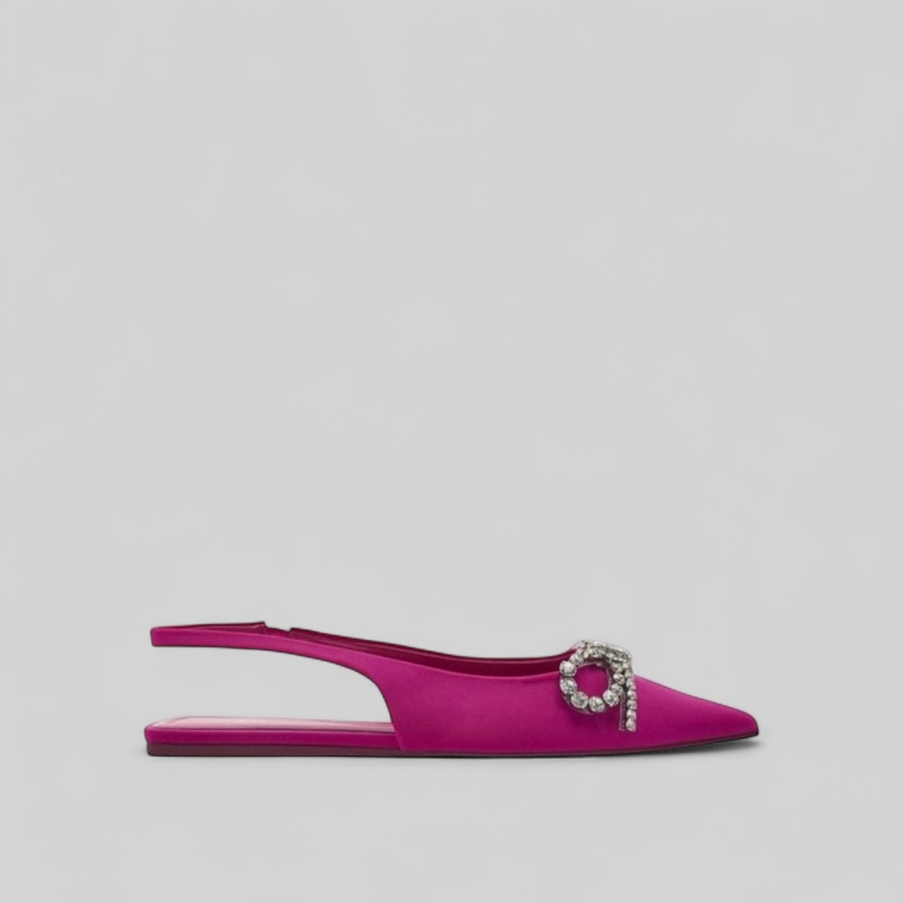 Zara Pink Satin Slingback Flats Crystal Bow Pointed Toe Size 9 NWOT - Picture 6 of 13